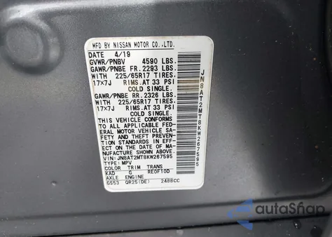 2019 Nissan Rogue S из США, поврежденный, VIN JN8AT2MT8KW267595